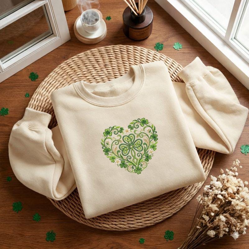 Celtic Shamrock Heart Embroidered Sweatshirt, St Patrick’s Day Clover Knot Crewneck, Irish Lucky Gift
