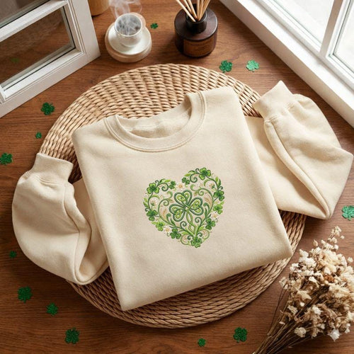 Celtic Shamrock Heart Embroidered Sweatshirt, St Patrick’s Day Clover Knot Crewneck, Irish Lucky Gift