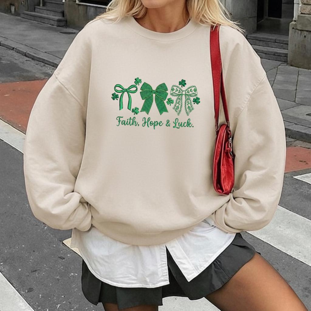 Shamrock Bow Embroidered Sweatshirt – St. Patrick’s Day Quote Shirt, Cute Irish Holiday Crewneck