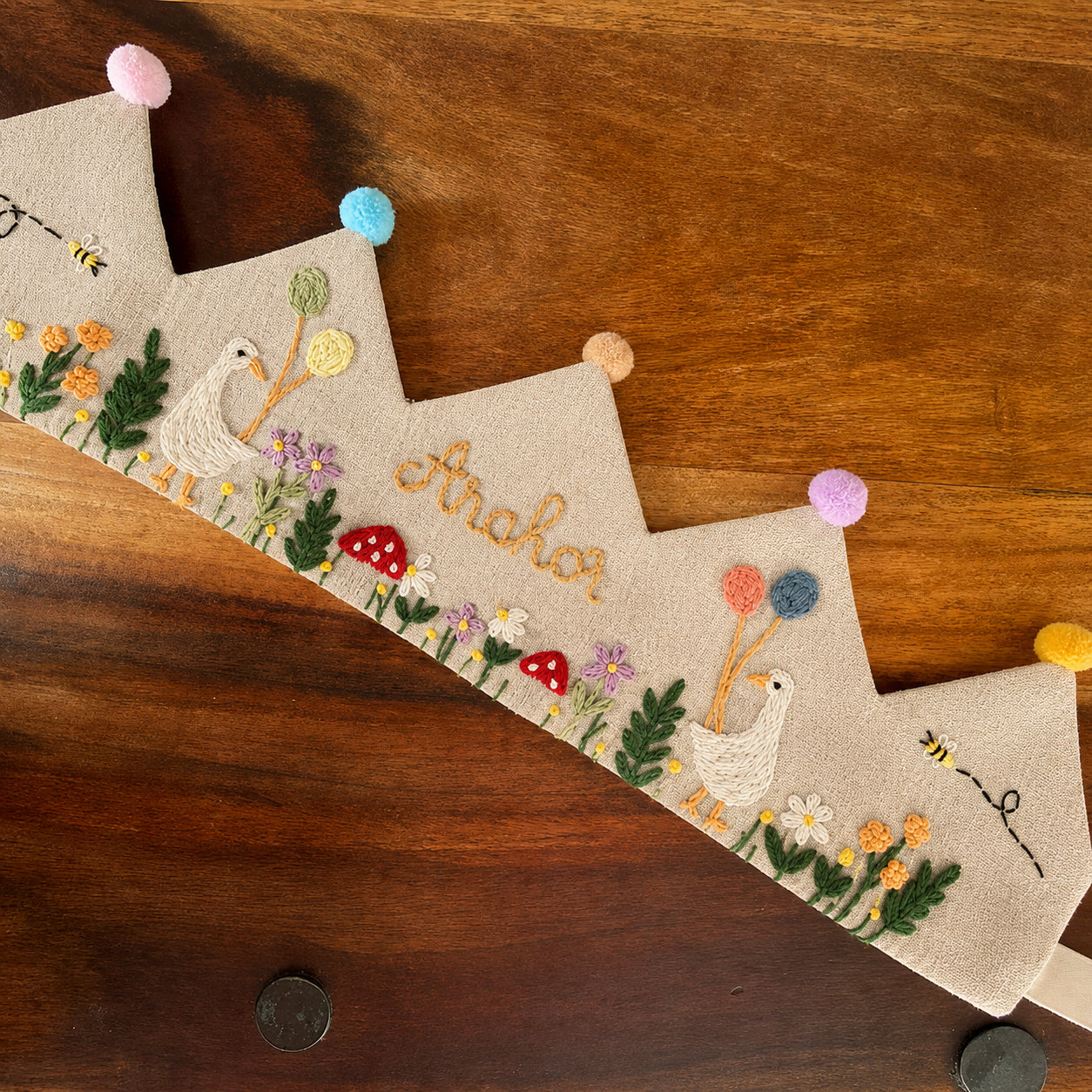 Hand-Embroidered Linen Birthday Crown, Personalized Floral Name Keepsake, Birthday Crown For Kid, Custom Embroidered Crown EMC02