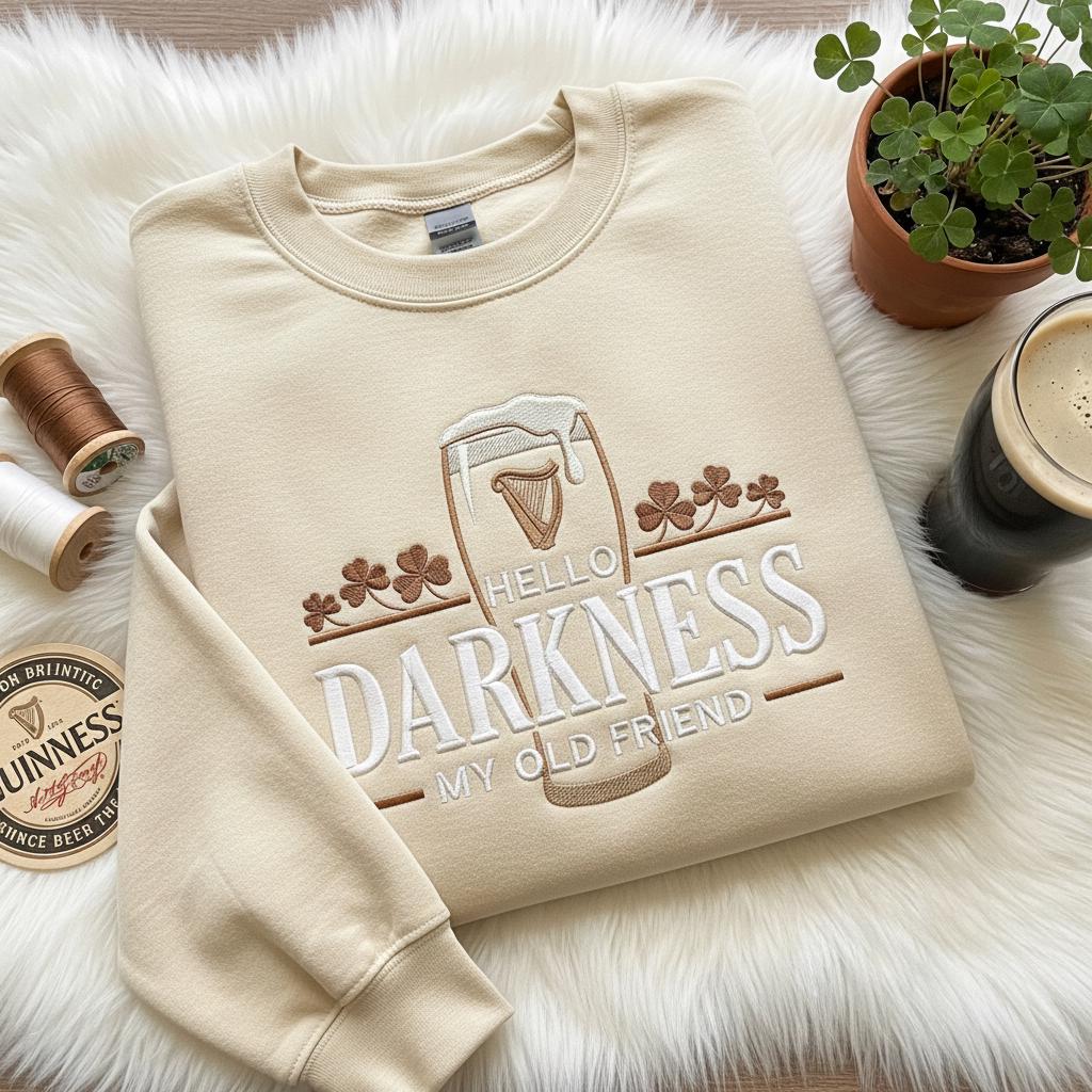 Embroidered Hello Darkness My Old Friend Irish Beer Sweatshirt, St Patrick's Day Party pullover, Stout Beer Lover, Irish Pride Apparel
