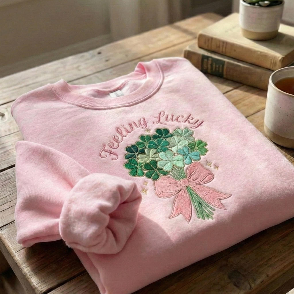 Feeling Lucky Embroidered Sweatshirt, St Patrick's Day Gift, Shamrock Embroidery