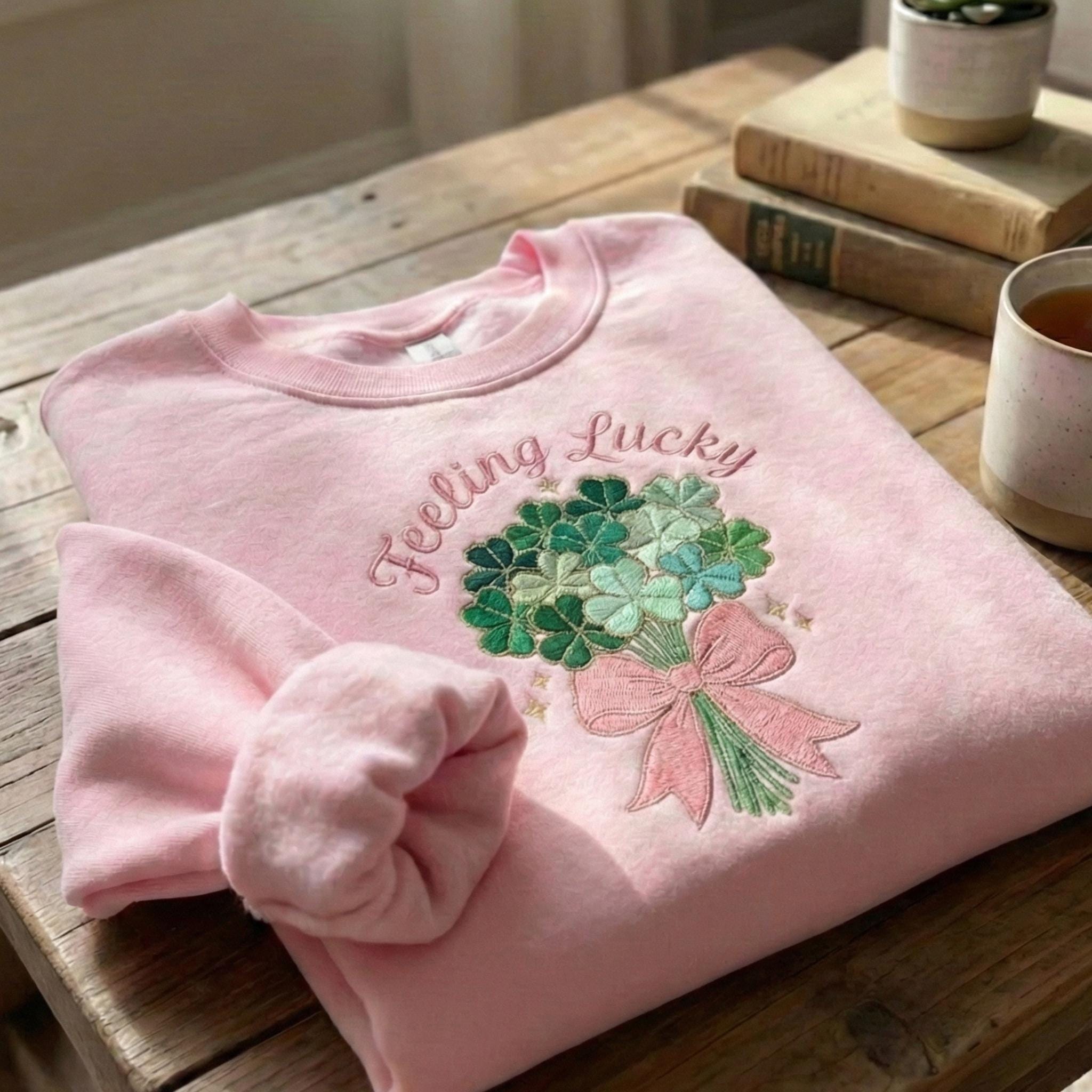 Feeling Lucky Embroidered Sweatshirt, St Patrick's Day Gift, Shamrock Embroidery