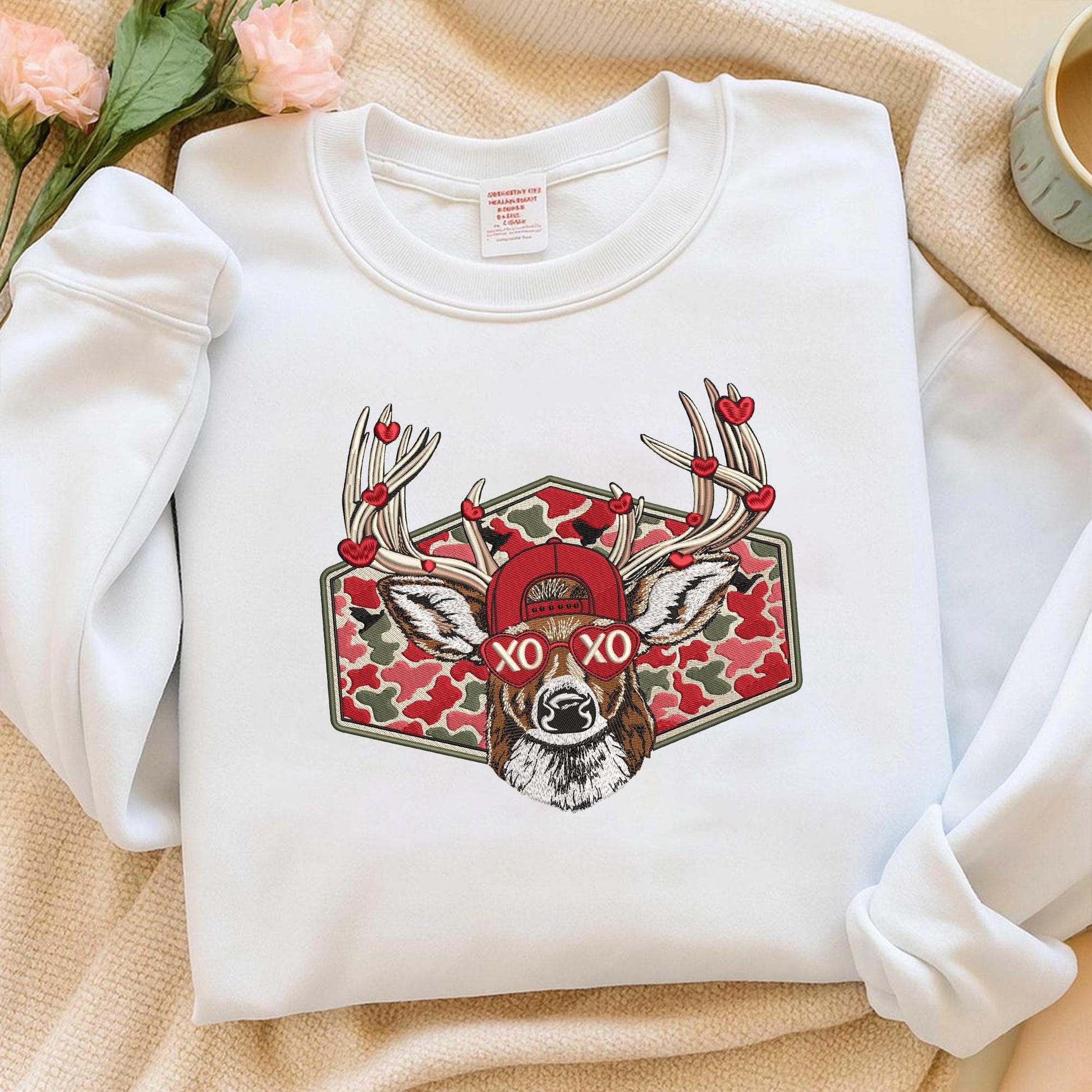 Valentine Buck Embroidered Sweatshirt, Valentine Camo Crewneck, Deer Hunter Valentine Gift