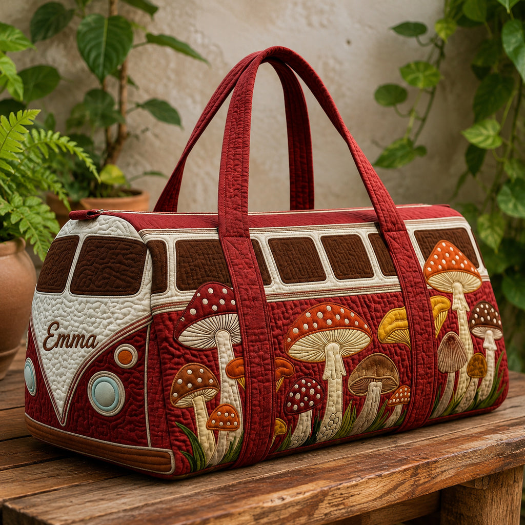 Personalized Mushroom Quilted Duffle Bag, Mushroom Duffle Bag, Quilted Travel Bag, Quilted Weekend Bag, Custom Bag Gift DFB02