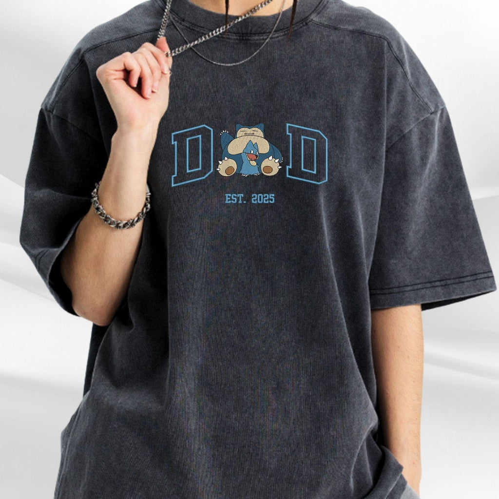 Personalized Dad PKM Embroidered Washed Shirt, Custom Anime Characters Embroidery, Pokedad Unisex Cotton Shirt