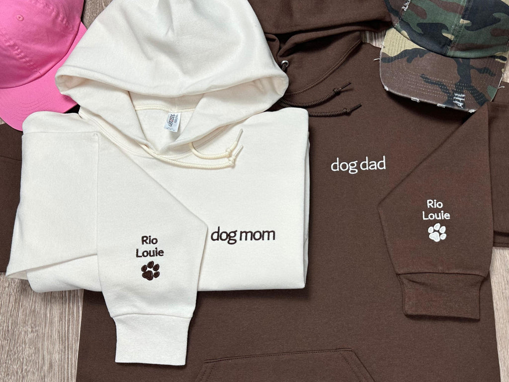Custom Embroidered Dog Dad and Dog Mom Hoodie with each Dogs' Names on Sleeve, Personalized Dog Dad or Dog Mom Gift, New Pet Dad Dog Mom