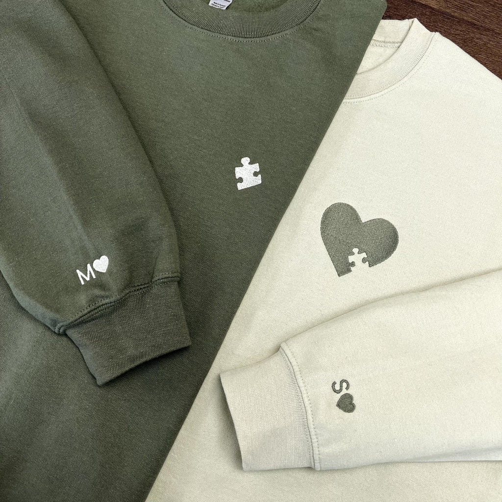 Custom Embroidered Heart and Puzzle Piece Sweatshirt, Initial With Heart On Sleeve, Anniversary Gift, Couple Hoodie, Valentines Day Gift
