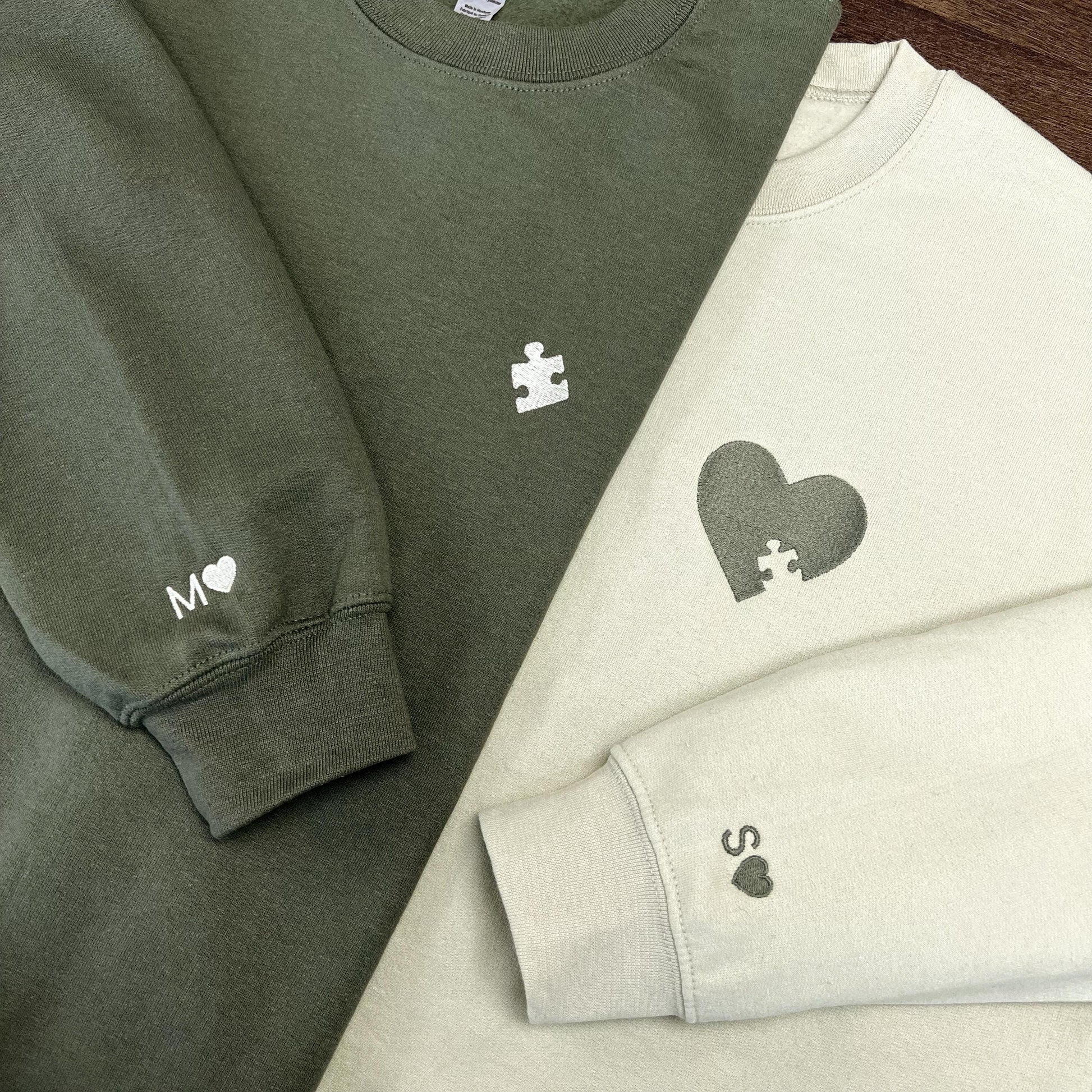Custom Embroidered Heart and Puzzle Piece Sweatshirt, Initial With Heart On Sleeve, Anniversary Gift, Couple Hoodie, Valentines Day Gift