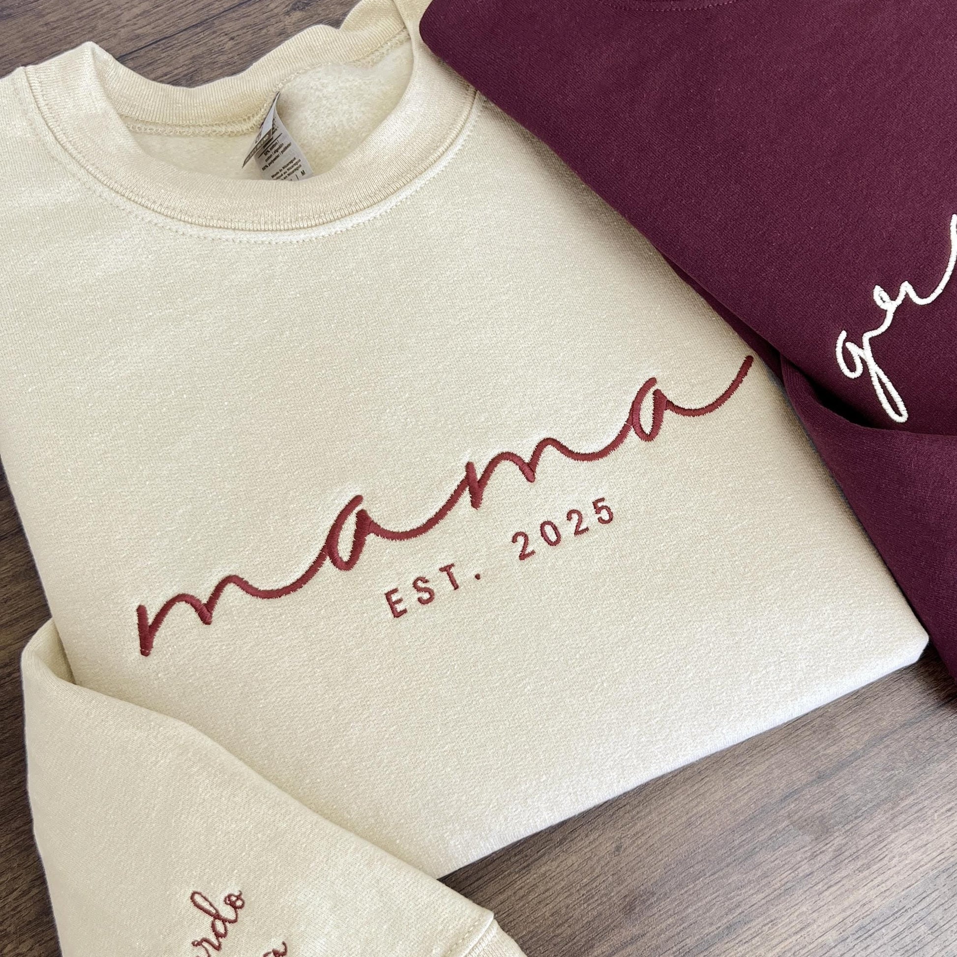 Custom Embroidered Sweatshirt, Name On Sleeve With Heart, Mama Est Year Shirt, Grandma Shirt With Date, Gift For New Mom, Mothers Day Gift