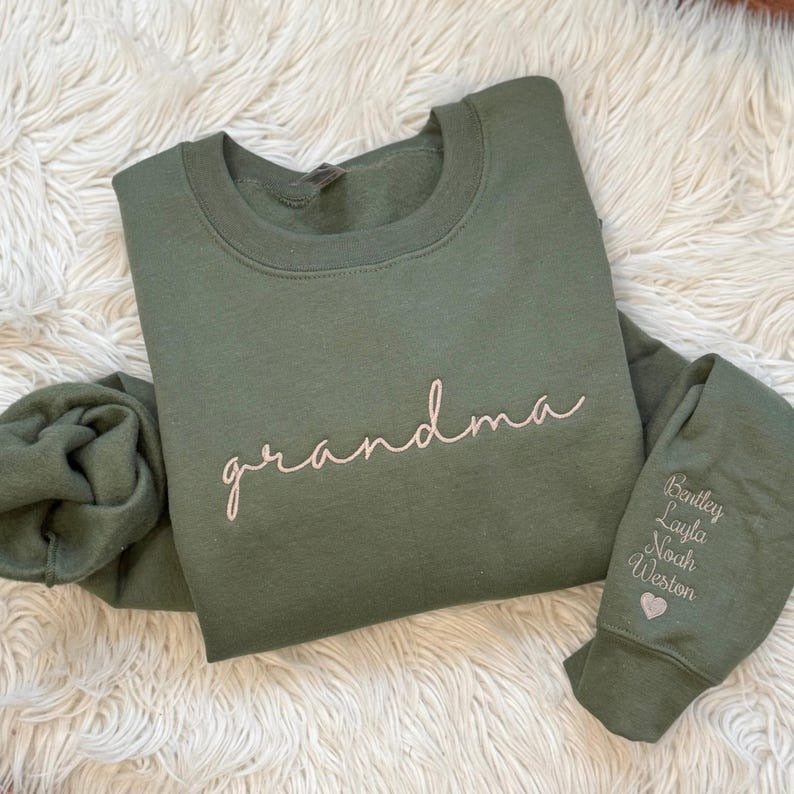 Custom Grandma Embroidered Sweatshirt, Grandma Sweatshirt, Personalized Grandma Embroidered Sweatshirt, Grandkids Names On Sleeve