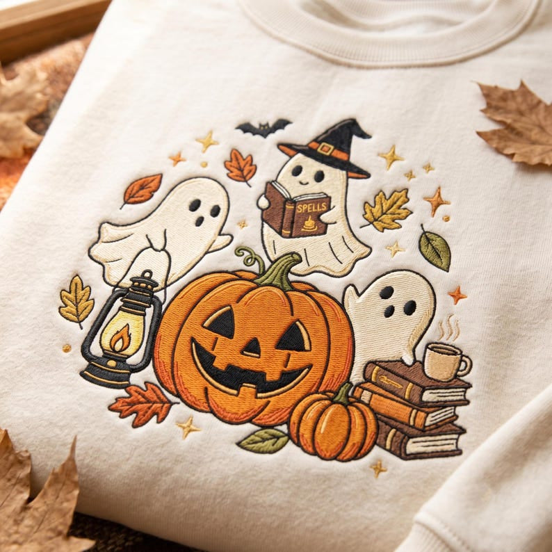 Embroidered Halloween Ghost Shirt, Cute Pumpkin Witch Shirt, Spooky Fall Season Shirt, Funny Pumpkin Ghost Shirt, Halloween Gift Shirt HLNS02