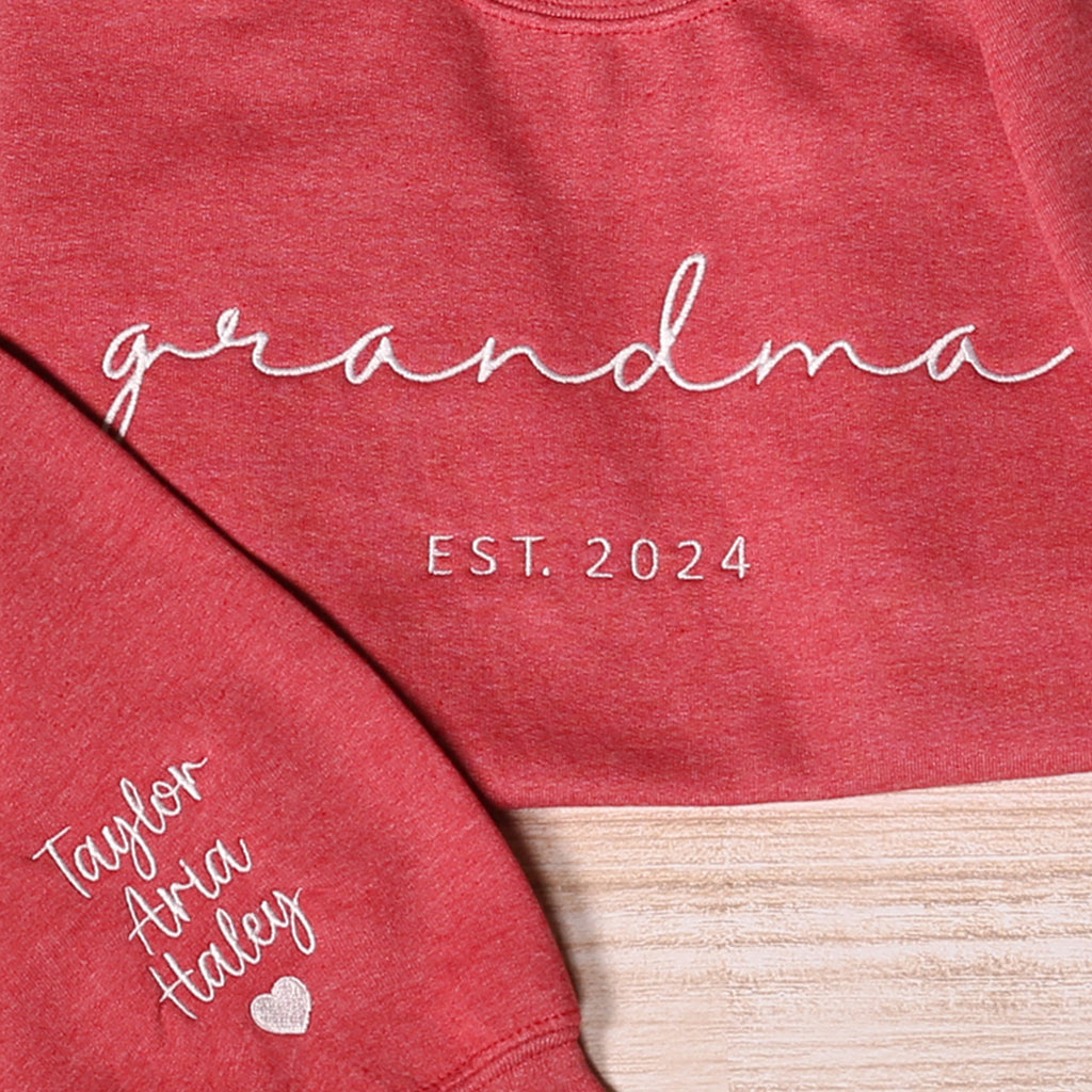 Custom Grandma Embroidered Sweatshirt, Grandma Sweatshirt, Personalized Grandma Embroidered Sweatshirt, Grandkids Names On Sleeve