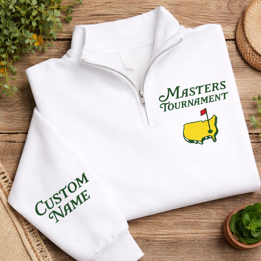 Masters Tournament Embroidered Quarter Zip Golf Sweatshirt, Custom Name Sleeve Golf Pullover, Golf Lover Gift, Augusta Inspired Half Zip
