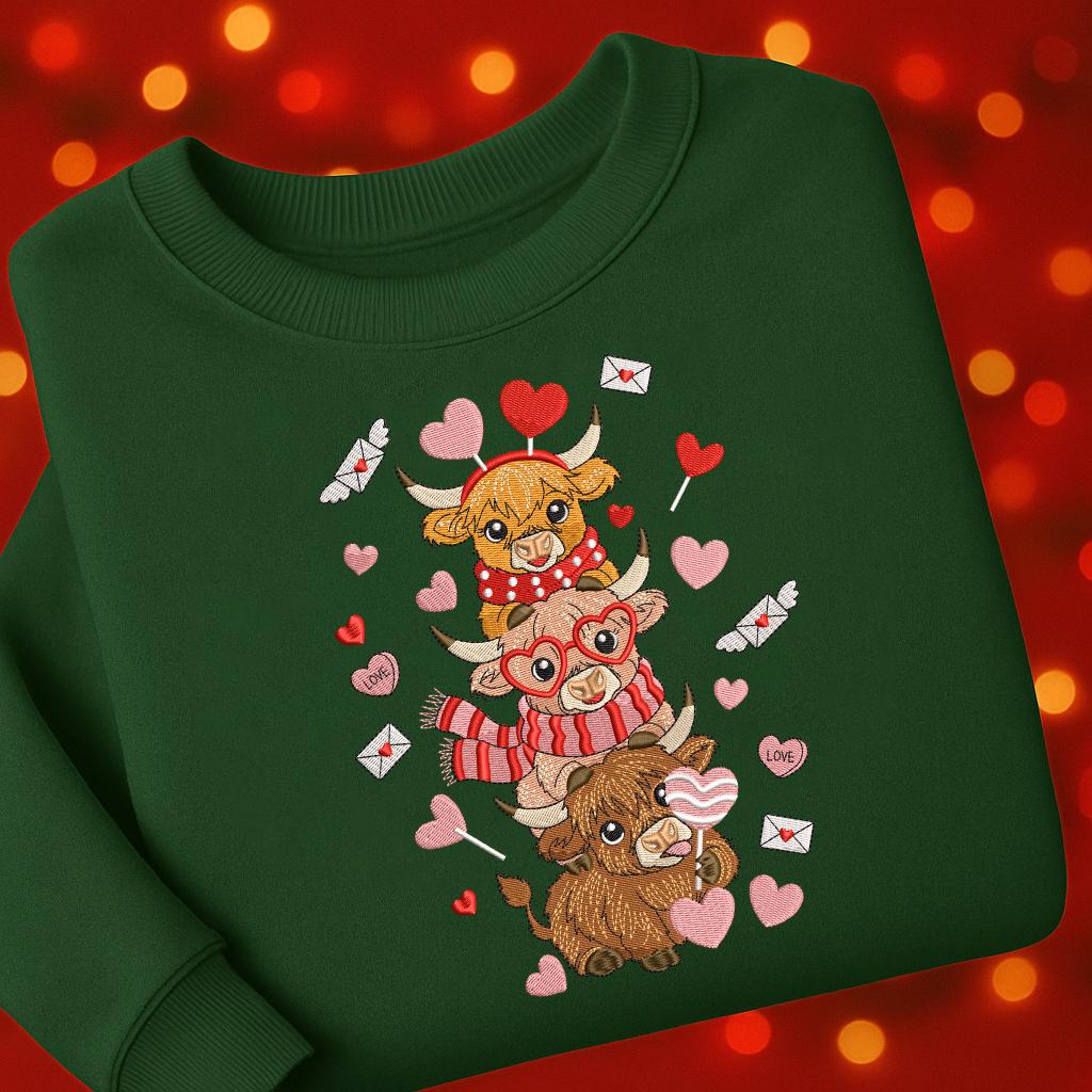 Highland Cow Embroidery Sweatshirt, Valentine Coquette Embroidery Sweatshirt, Retro Valentine Heart