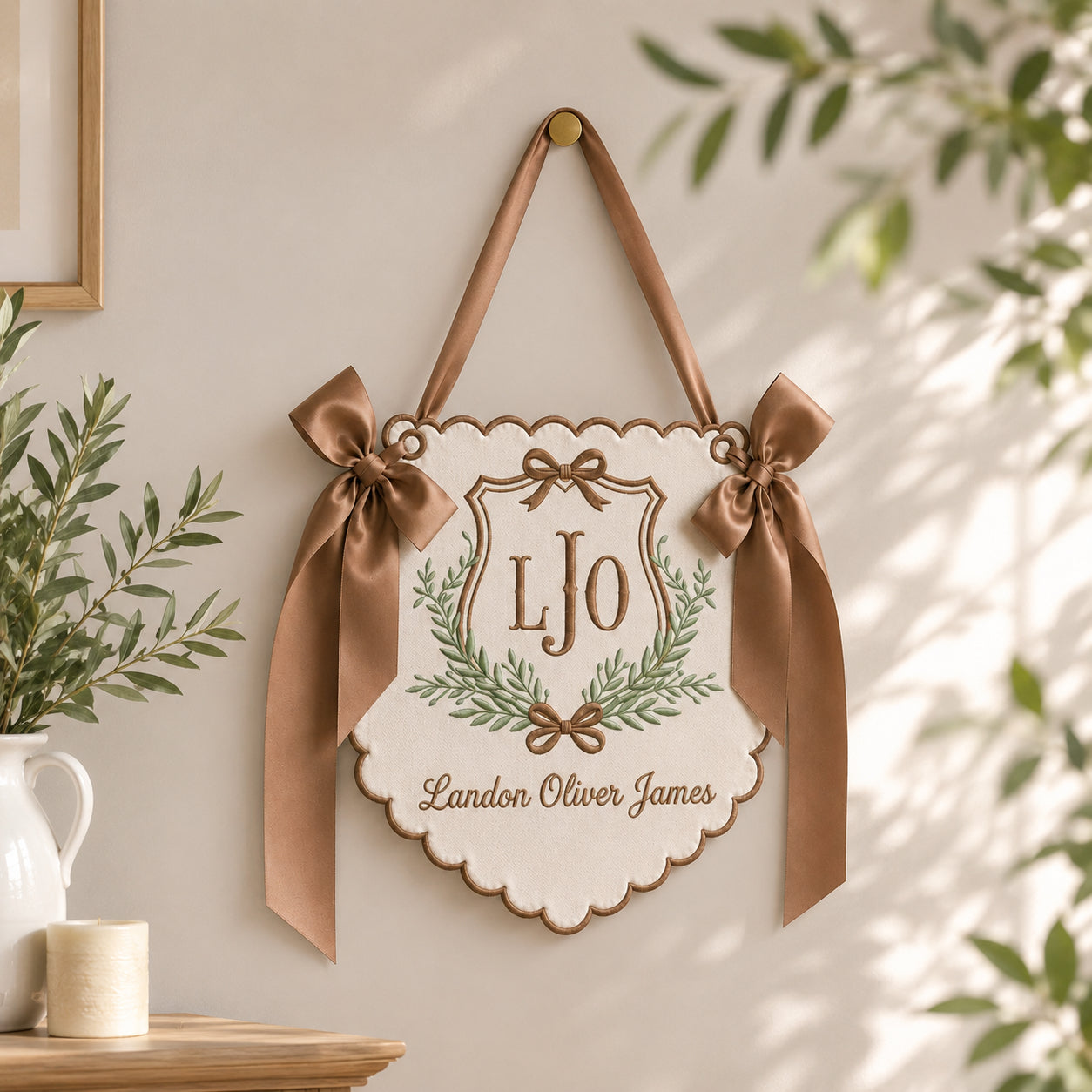 Personalized Embroidered Baby Name Banner, Custom Monogram Nursery Pennant, Hospital Door Announcement, Newborn Nursery Decor Gift BBFLAG02