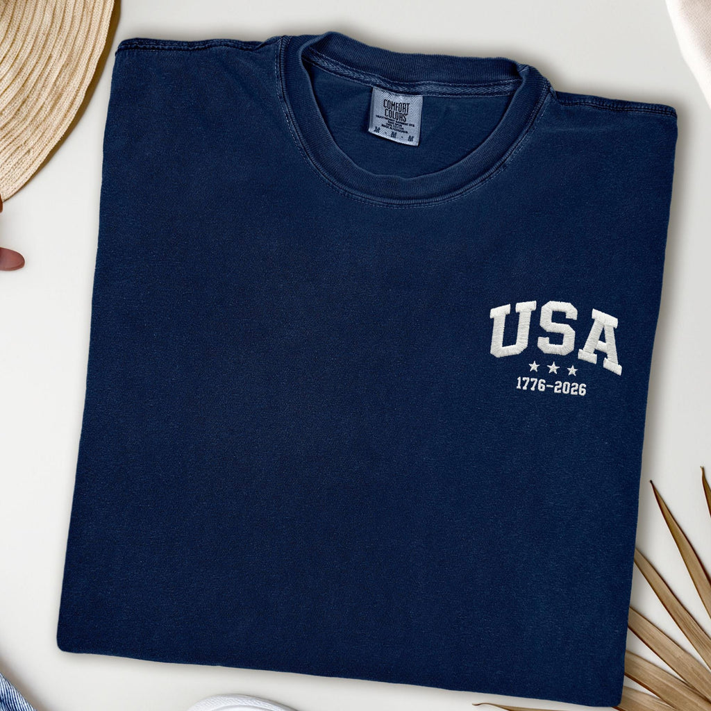 USA 250 Embroidered Left Chest Design Patriotic 1776 2026 Minimalist American Anniversary Tee Gift America Birthday Shirt