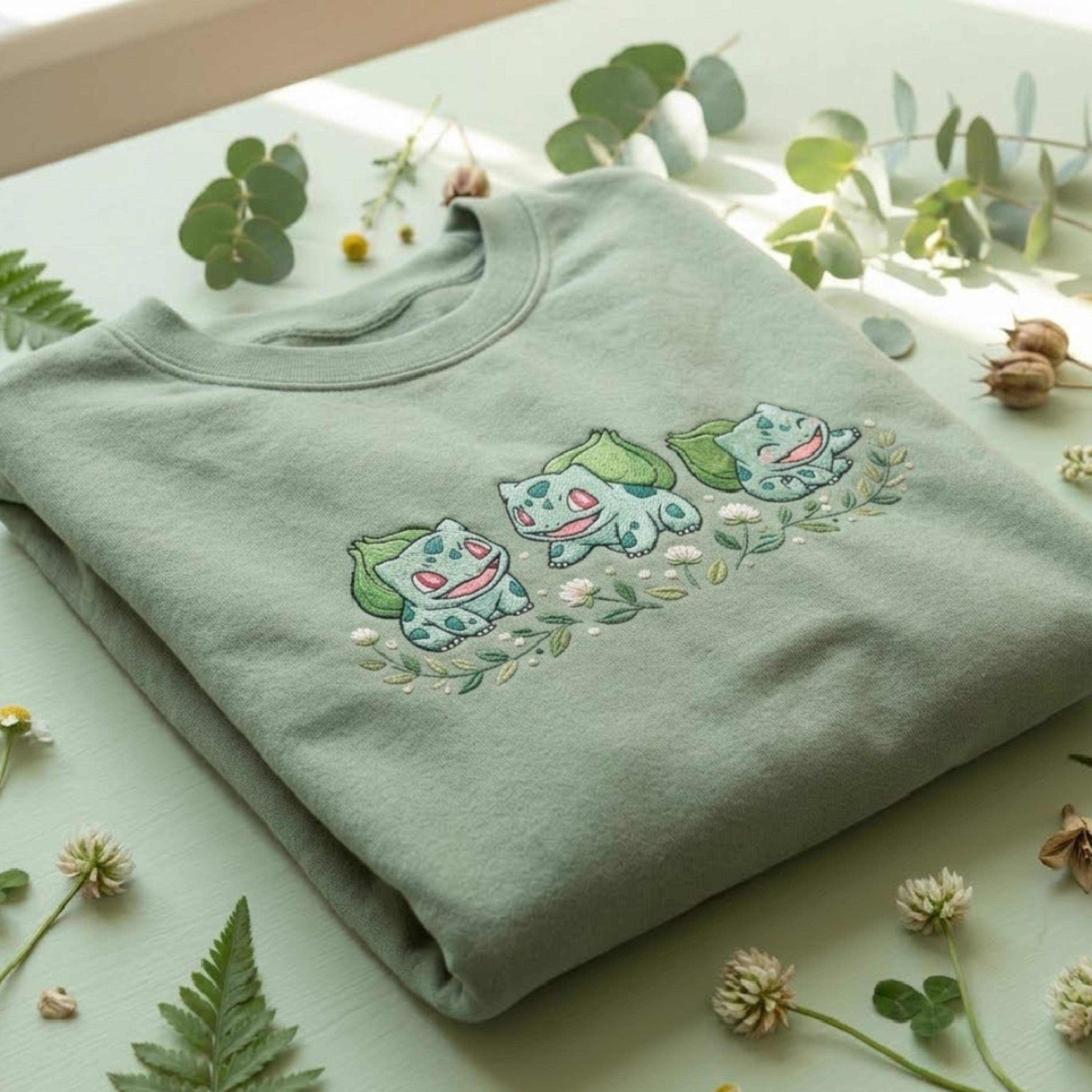 Bulbasaur Embroidered Sweatshirt, Cute Poke Crewneck, Kawaii Anime Embroidery Shirt, PKM T-shirt, Gamer Gift, Pastel Aesthetic