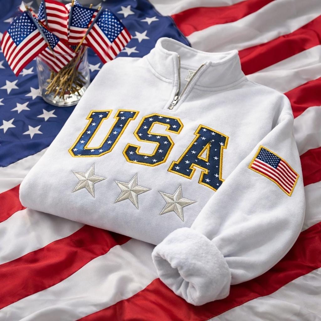 Embroidered America 250th Anniversary Quarter Zip, Celebrate Our 250th Anniversary Sweater, Usa Flag on Sleeve, Unisex Independence Day Gift