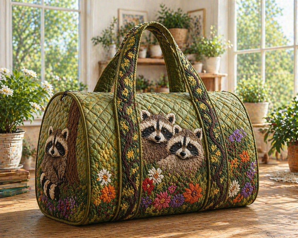 Racoon Quilted Duffle Bag, Racoon Duffle Bag, Overnight Bag, Quilted Travel Bag, Quilted Weekend Bag, Custom Bag Gift DFB21