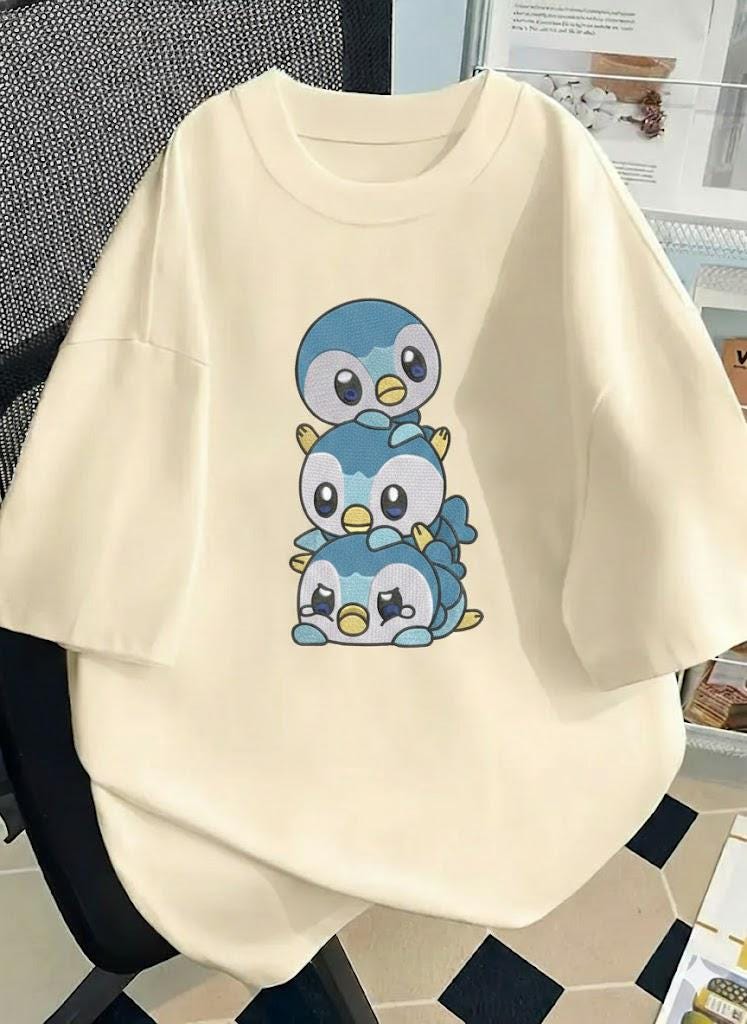 Piplup Embroidered Cute Penguin Pokemon Crewneck, Custom Piplup Stack Anime Embroidery Gift