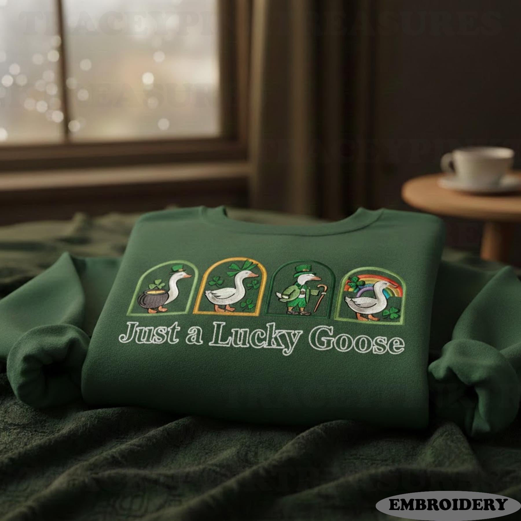 Embroidered St. Patrick’s Day Goose Shirt – Cute Funny Irish Goose Embroidery, Lucky Shamrock Holiday Gift