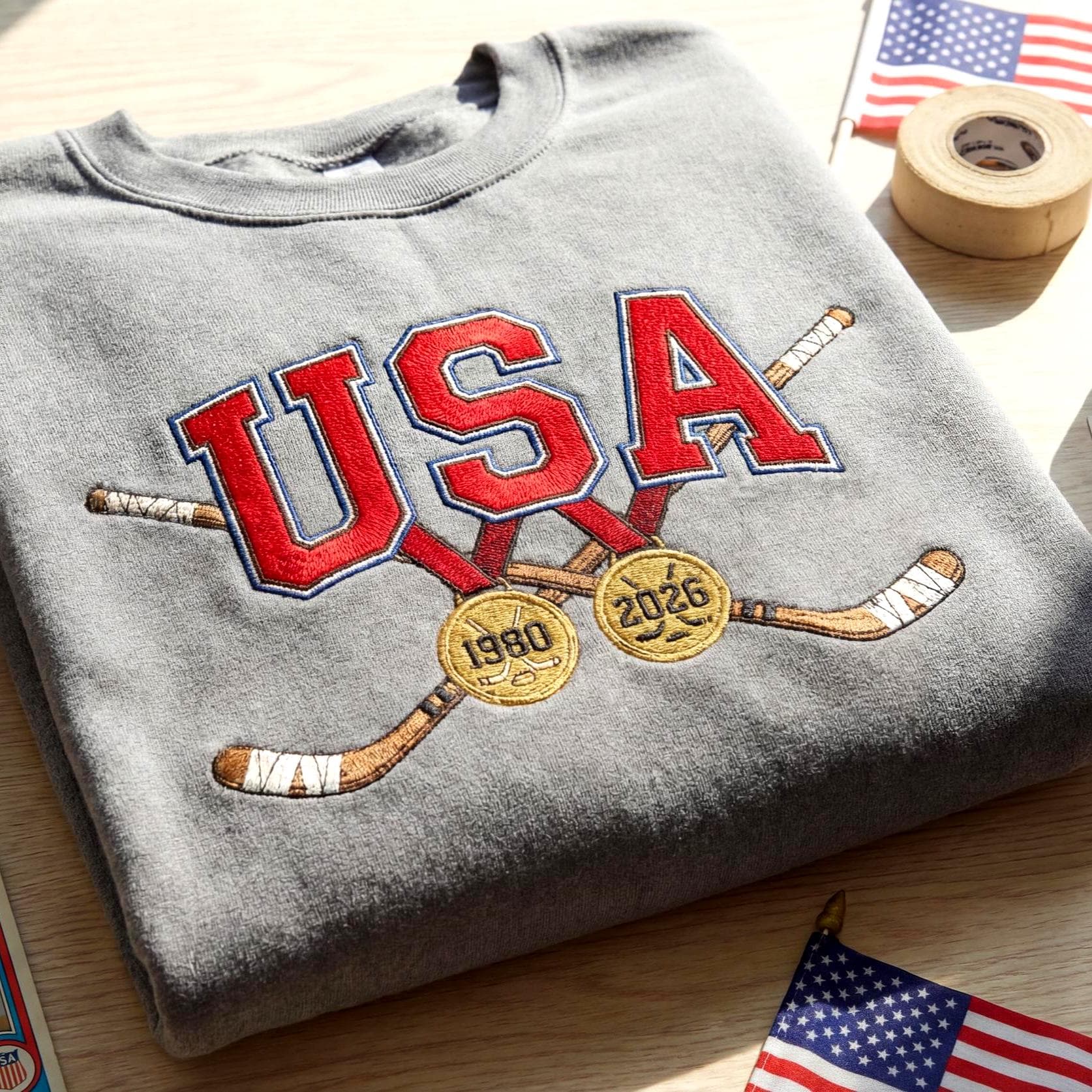 Embroidered USA Hockey Sweatshirt, Miracle On Ice 1980 2026 Shirt, Team USA Olympic Fan Gift, Hockey Stick Crewneck, Winter Sports Apparel