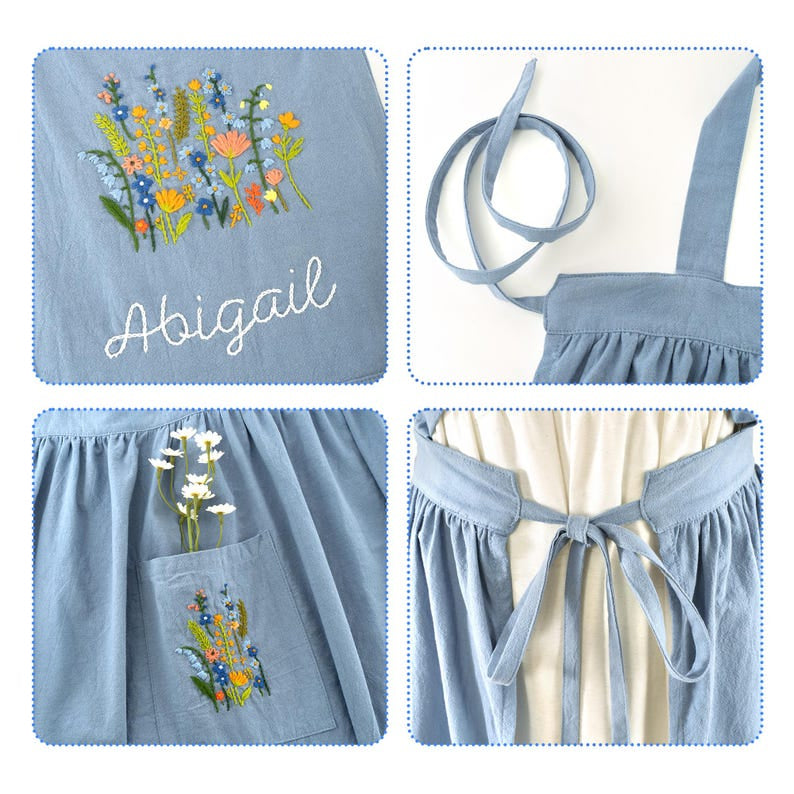 Personalized Wild Flowers Hand Embroidered Apron, Ruffled Apron, Embroidered Apron, Linen Apron, Gardening Apron, Kitchen Apron, Mom Gift EMAP06