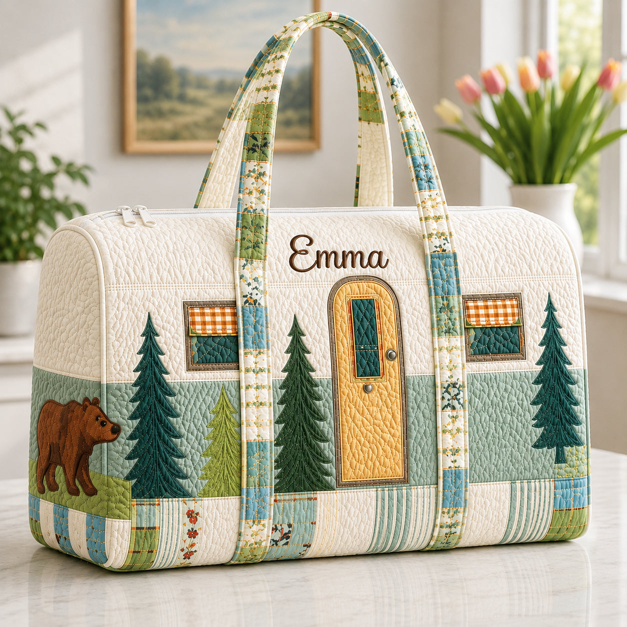 Personalized Camping Quilted Duffle Bag, Custom Camper Travel Bag with Name, Glamping Weekender Bag, Camper Lover Gift DFB24
