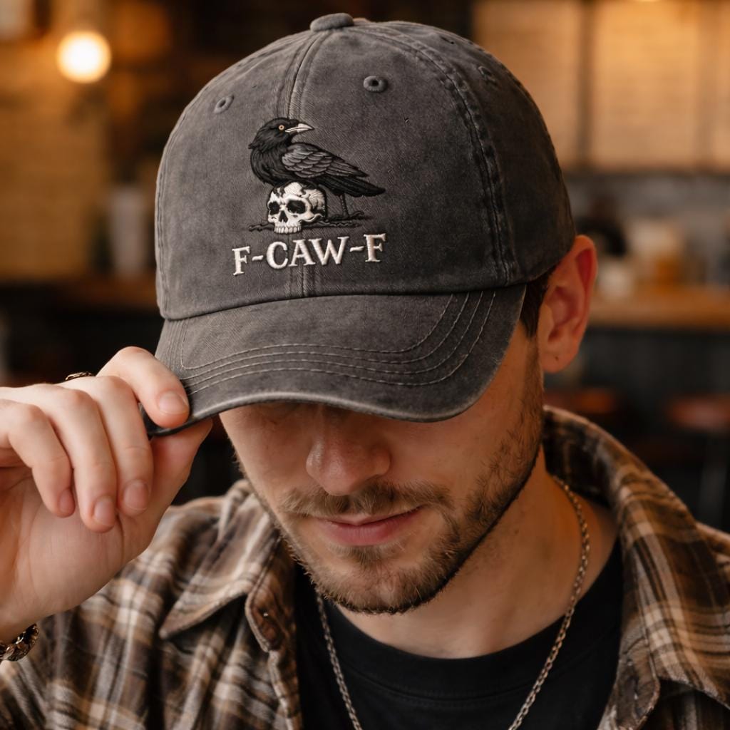 F-CAW-F Embroidered Dad Hat, Funny Black Crow Cap, Edgy Vintage Baseball Hat, Quirky Streetwear Gift