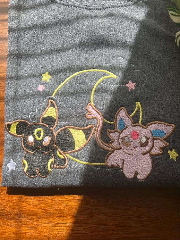 Embroidered Sun & Moon Espeon and Umbreon Shirt, Espon Psychic Sun and Crescent Moon Embroidery, Couple Anime PKM Sweatshirt, Anime Fan Gift