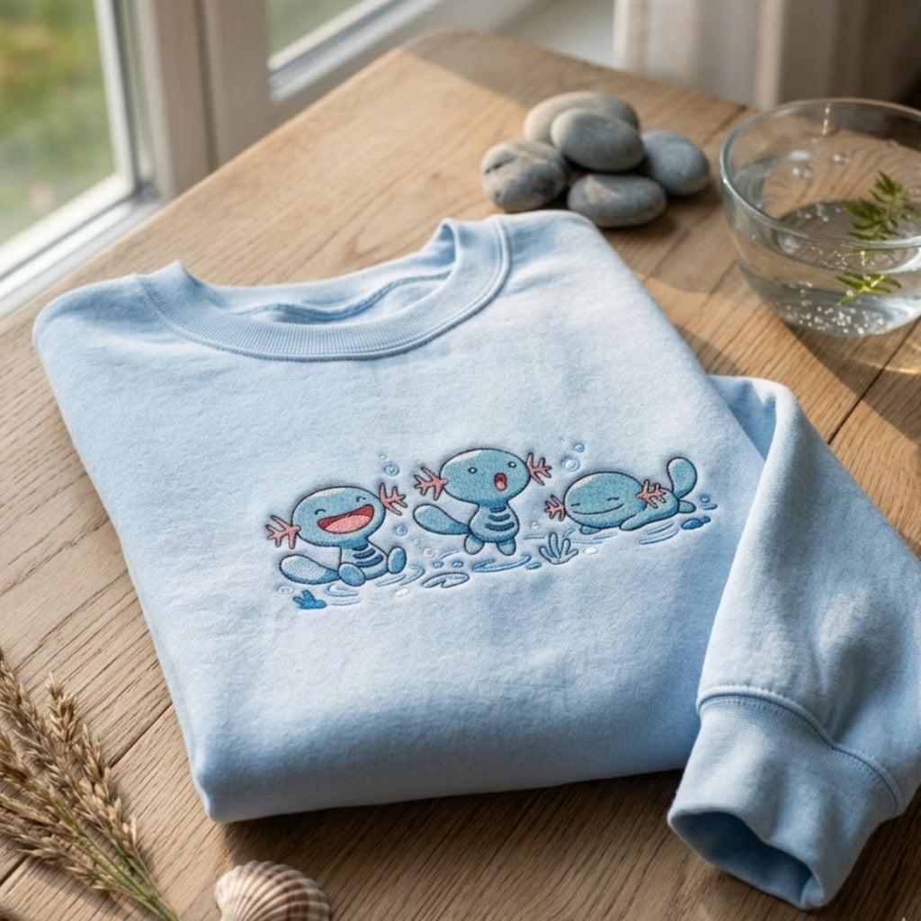 Wooper Embroidered Sweatshirt, Cute Poke Crewneck, Kawaii Anime Embroidery Shirt, PKM T-shirt, Gamer Gift, Pastel Aesthetic