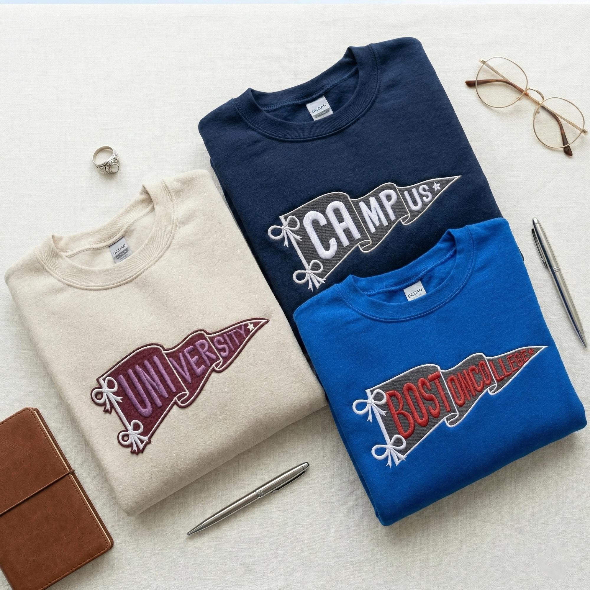 Custom Embroidered Pennant College Sweatshirt, Personalized Team Name Sweater, Sports Varsity Crewneck, Game Day Apparel, Custom School Gift