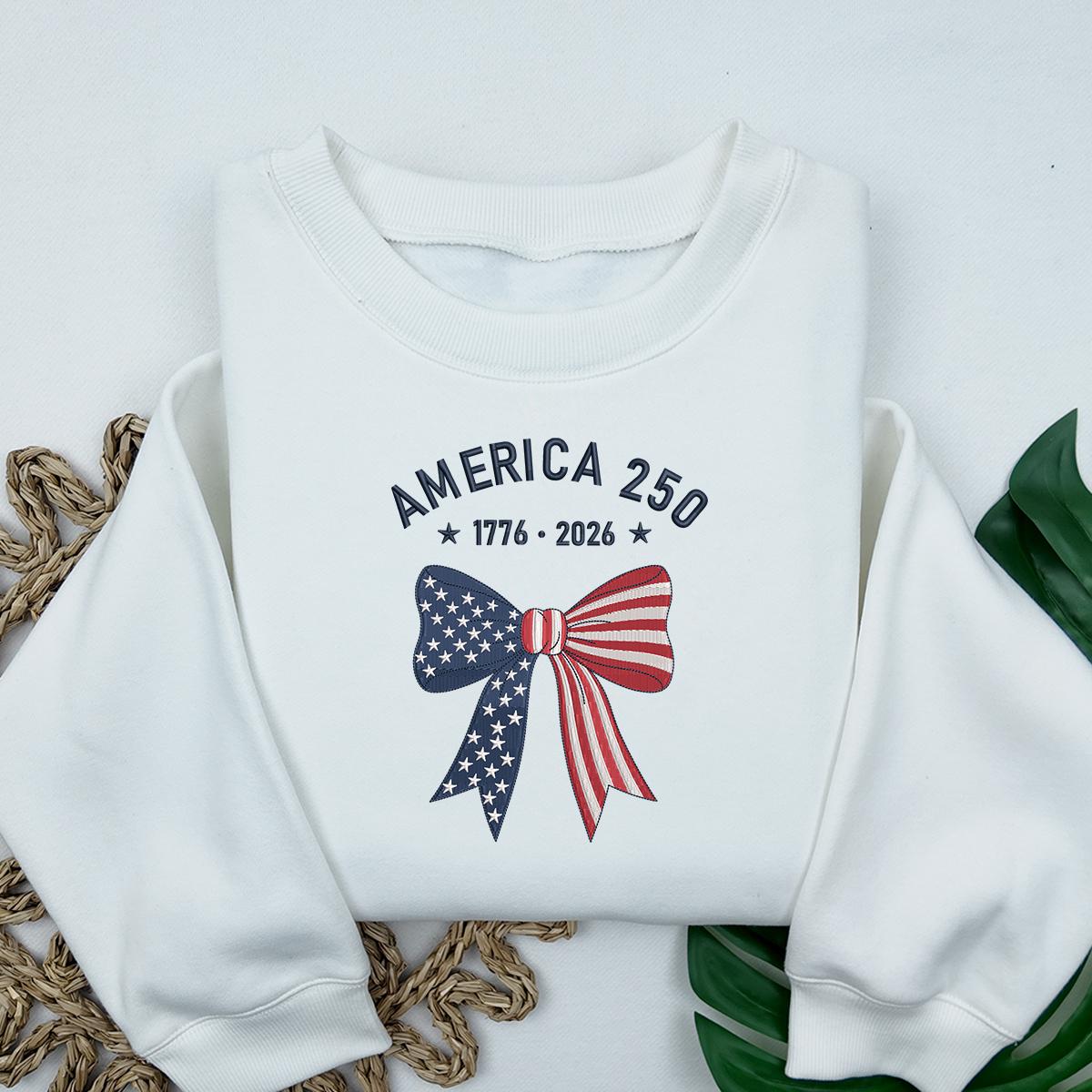 America 250th Anniversary Bow Embroidery Sweatshirt – Patriotic USA Flag Ribbon 1776–2026, Machine Embroidered Crewneck