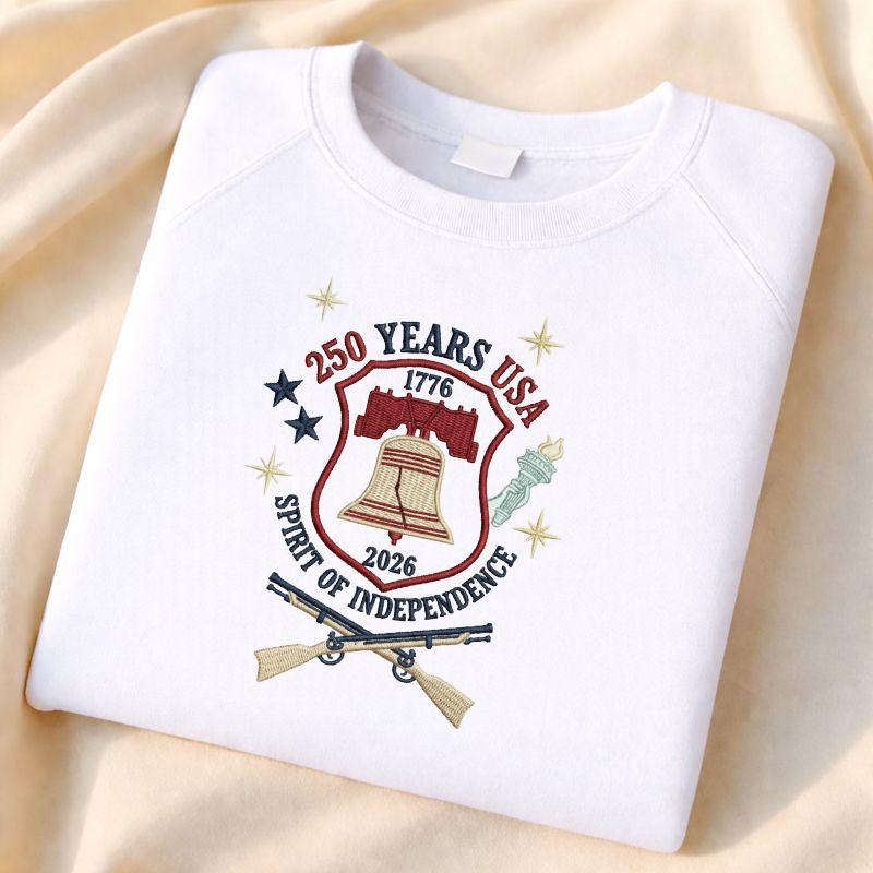 250 Years USA Independence Embroidered Sweatshirt, 1776–2026 Patriotic America Anniversary Crewneck, 4th of July Gift