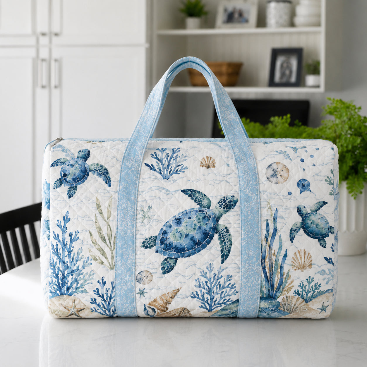 Sea Turtle Quilted Duffle Bag, Coastal Ocean Duffle Bag, Overnight Bag, Quilted Travel Bag, Quilted Weekend Bag, Custom Bag Gift DFB17