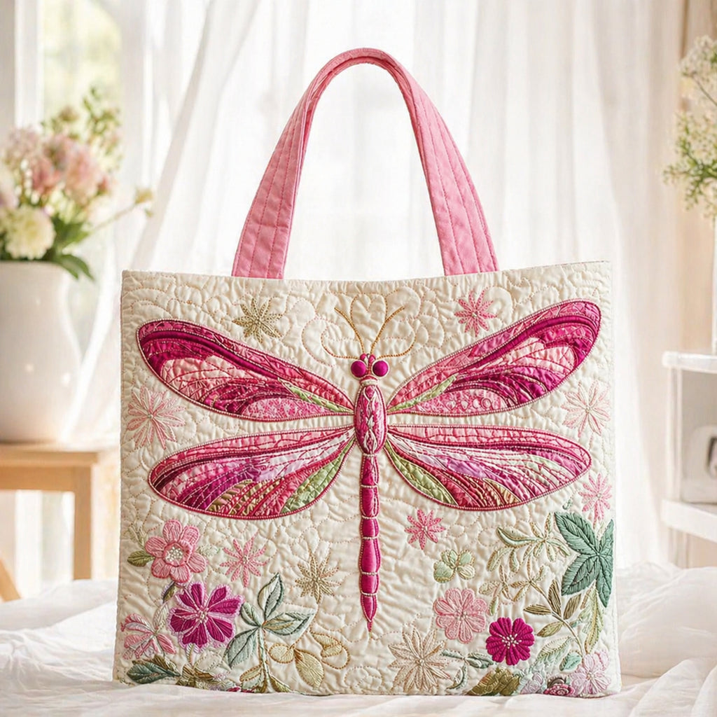 Pink Dragonfly Floral Quilted Tote Bag, Dragonfly Pattern Tote Bag, Quilted Shoulder Bag, Quilted Book Bag, Fabric Bag QTOTE76