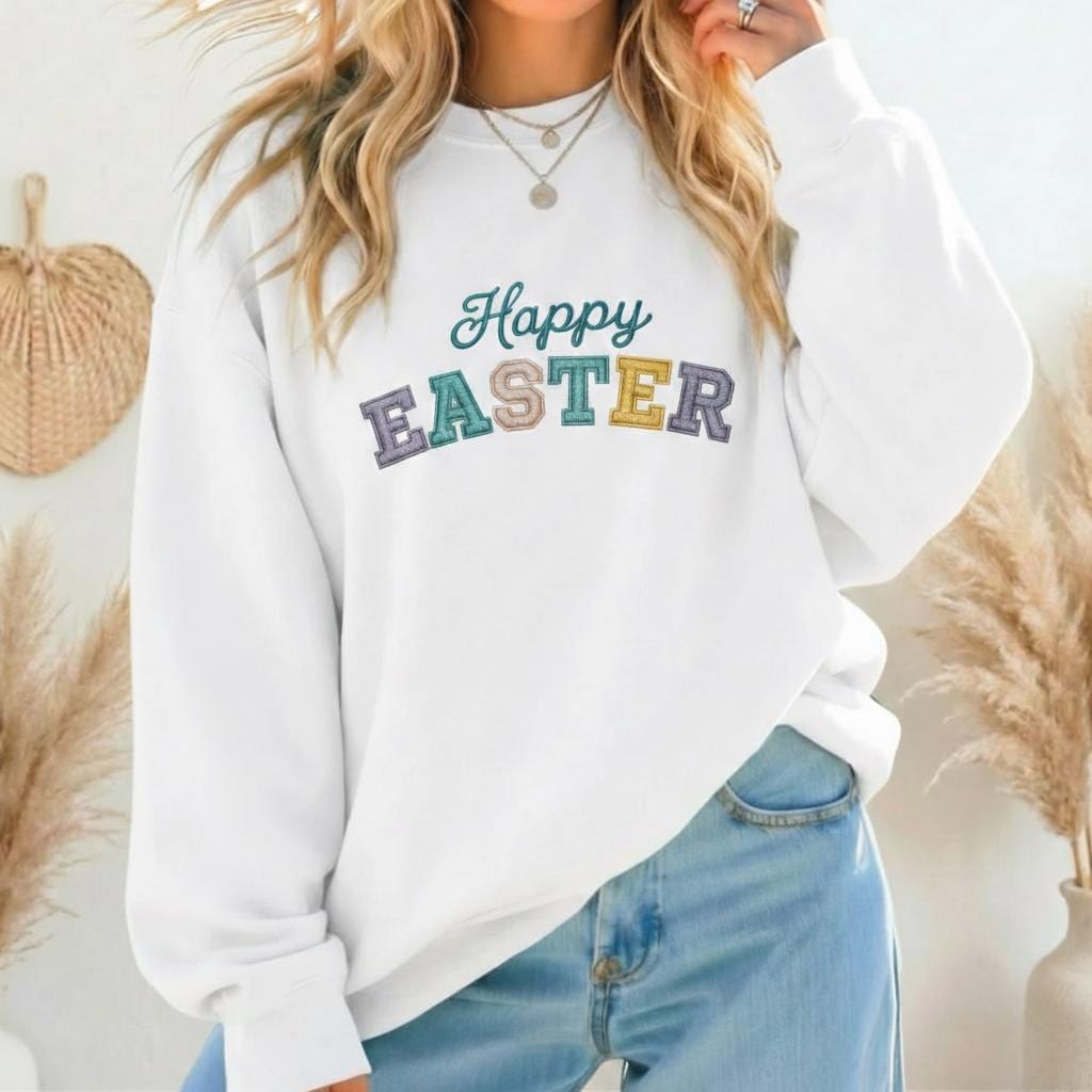 Embroidered Happy Easter Sweatshirt for Women – Cute Bunny Spring Crewneck Pullover