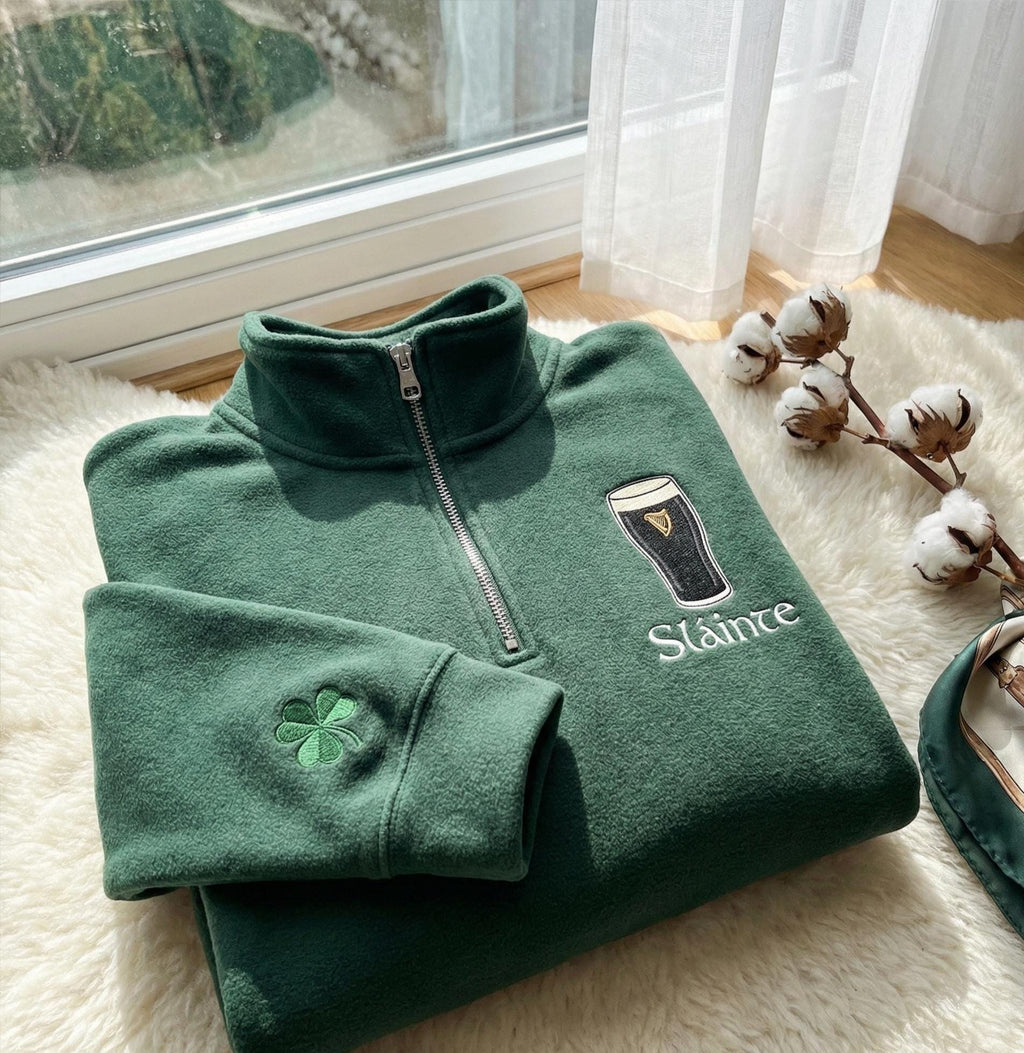 Embroidered Sláinte Guinness Quarter Zip Sweatshirt, Irish Drinking Design, St Patrick’s Day Gift