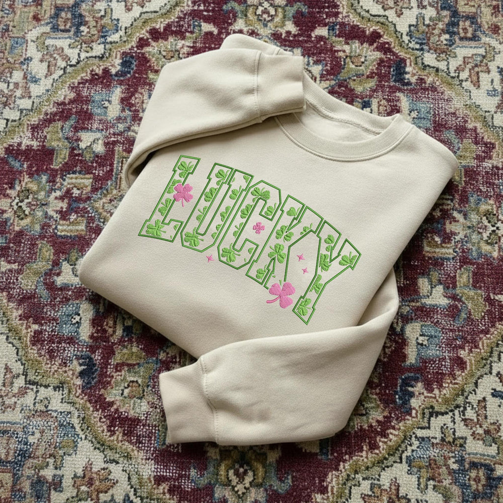 Embroidered Lucky Sweatshirt, Cute St. Patrick’s Day Sweatshirt, Women’s Shamrock Irish Crewneck, Festive Green Outfit