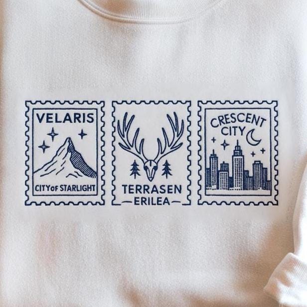 ACOTAR Book Postcard Embroidered Sweatshirt, Velaris Sweatshirt, Terrasen Shirt, Crescent City Shirt, ACOTAR Merch, Court of Thorns Sweater