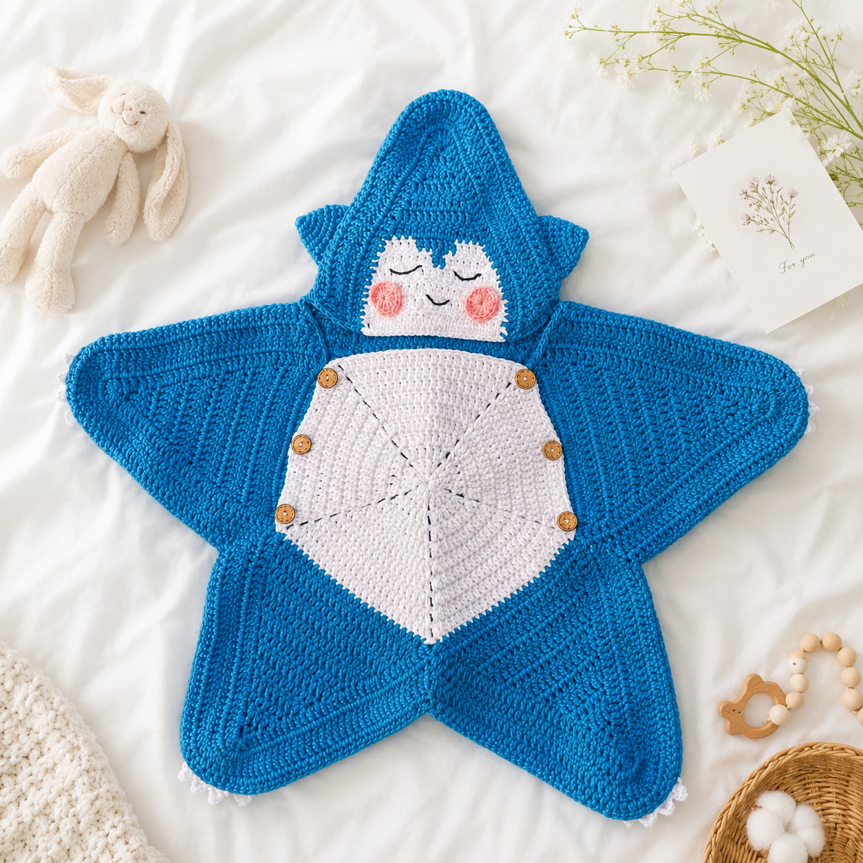 Personalized Shark Baby Swaddle, Star Cocoon, Custom Baby Star Romper Sleep Sack, Hooded Newborn Wrap, Handmade Crochet Knit Outfit, Custom Name Baptism Baby Shower Gift BABYSR02