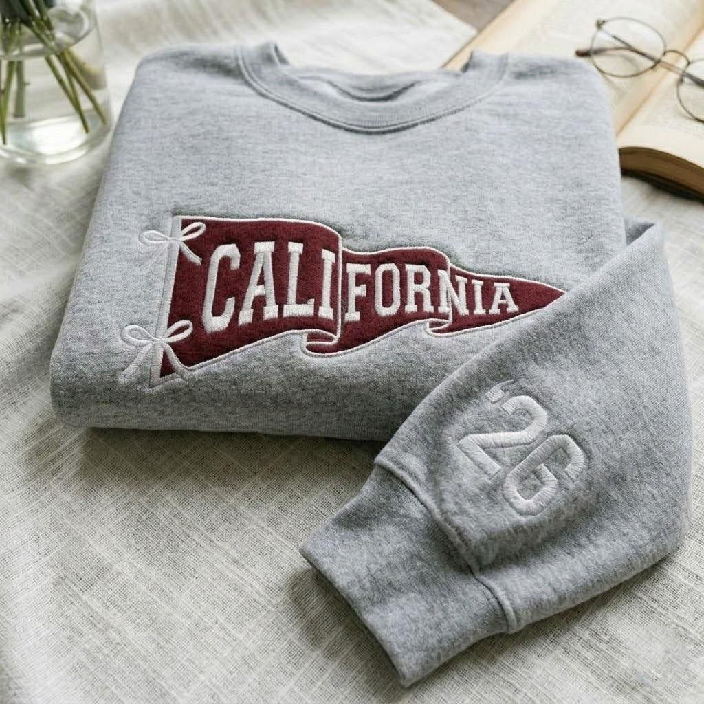 Embroidered Custom College Pennant Sweatshirt, Personalized Team Apparel, University Flag Name Sweater, Mascot Shirt, Senior Class Gift, Varsity Crewneck