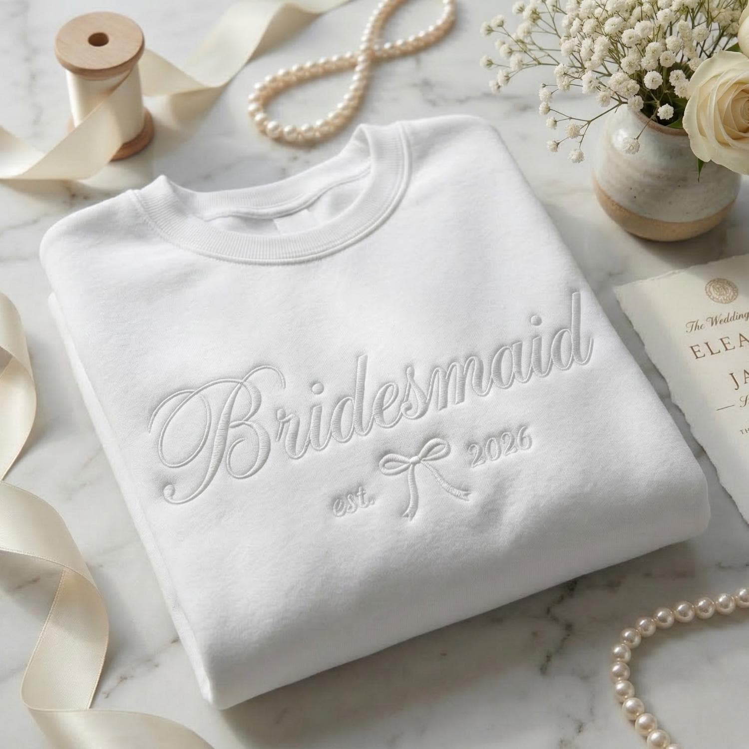 Embroidered Bride, Bridesmaid or Maid of Honor Sweatshirt, Custom Wedding Date, Personalized Bridal Party Gift, Bachelorette Crewneck