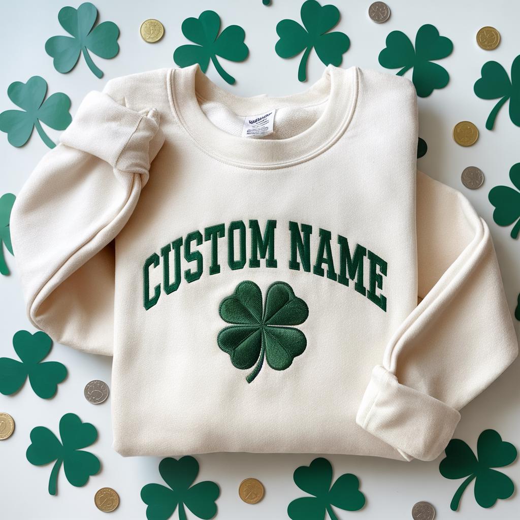 Embroidered Custom Name Clover Sweatshirt – Lucky St. Patrick’s Day Four-Leaf Clover Shamrock Crewneck
