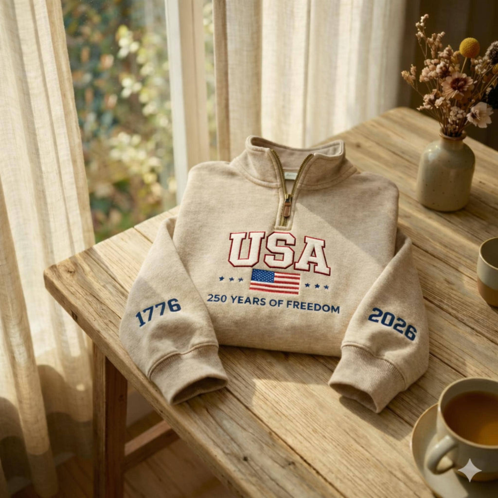 USA 250th Anniversary Embroidered Quarter Zip, America 1776–2026 Sweatshirt, Patriotic Eagle American Flag Hoodie, Varsity Letter Shirt