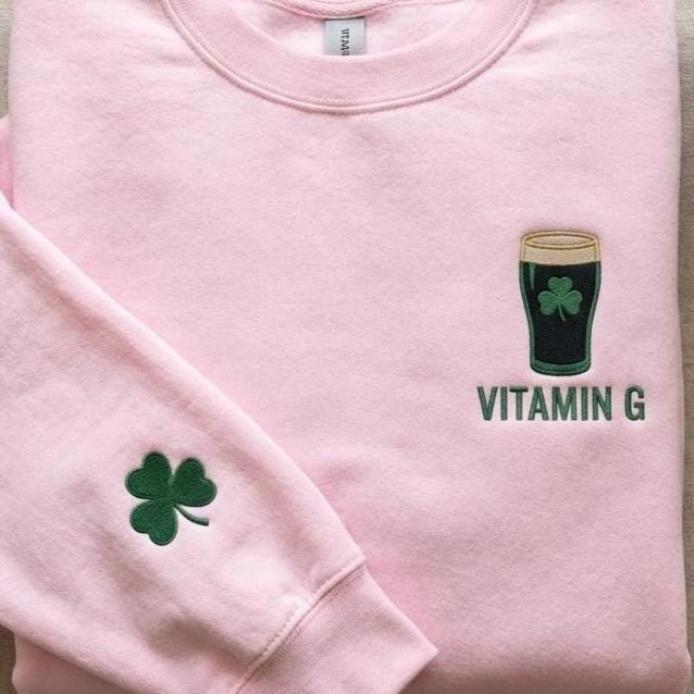 Embroidered Vitamin G Guinness Sweatshirt, Irish Beer Shirt, St. Patrick’s Day Lucky Gift, Funny Irish Drinking Crewneck