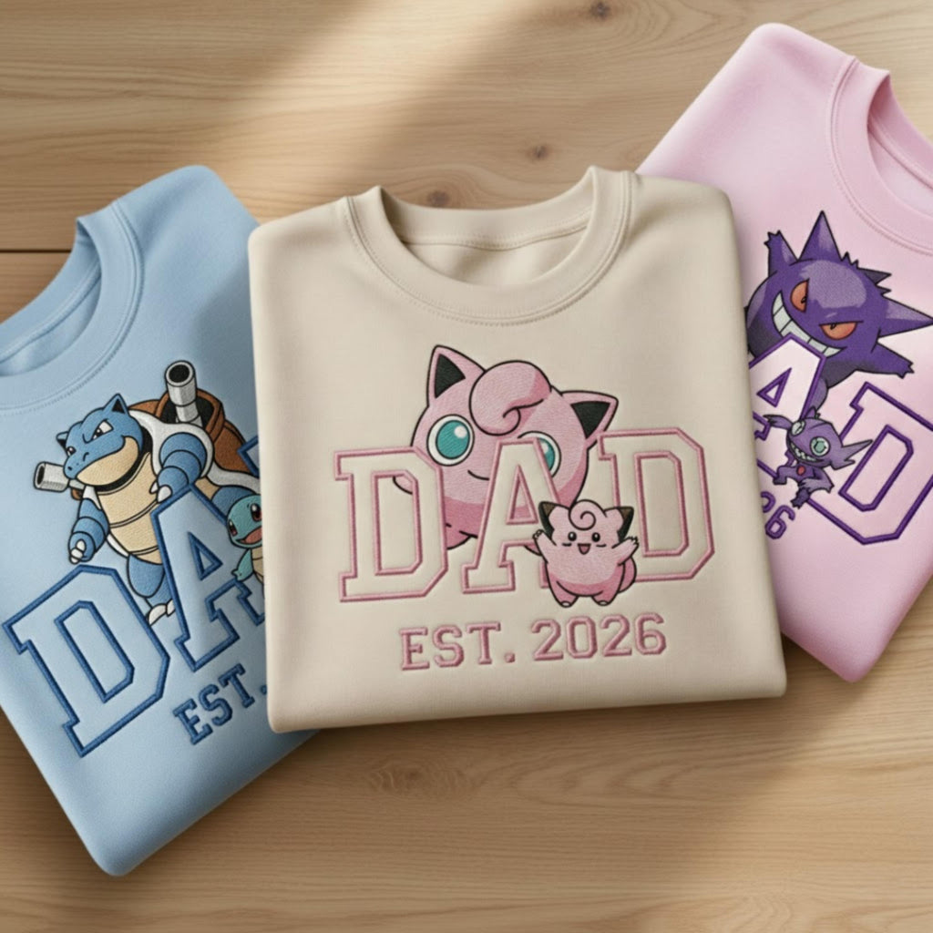 Embroidered Custom Pokedad Character Hoodie, Cute Poke Dad Characters Sweatshirt, Cozy Anime Embroidery, Gift for PKM Fans, Gift for dad