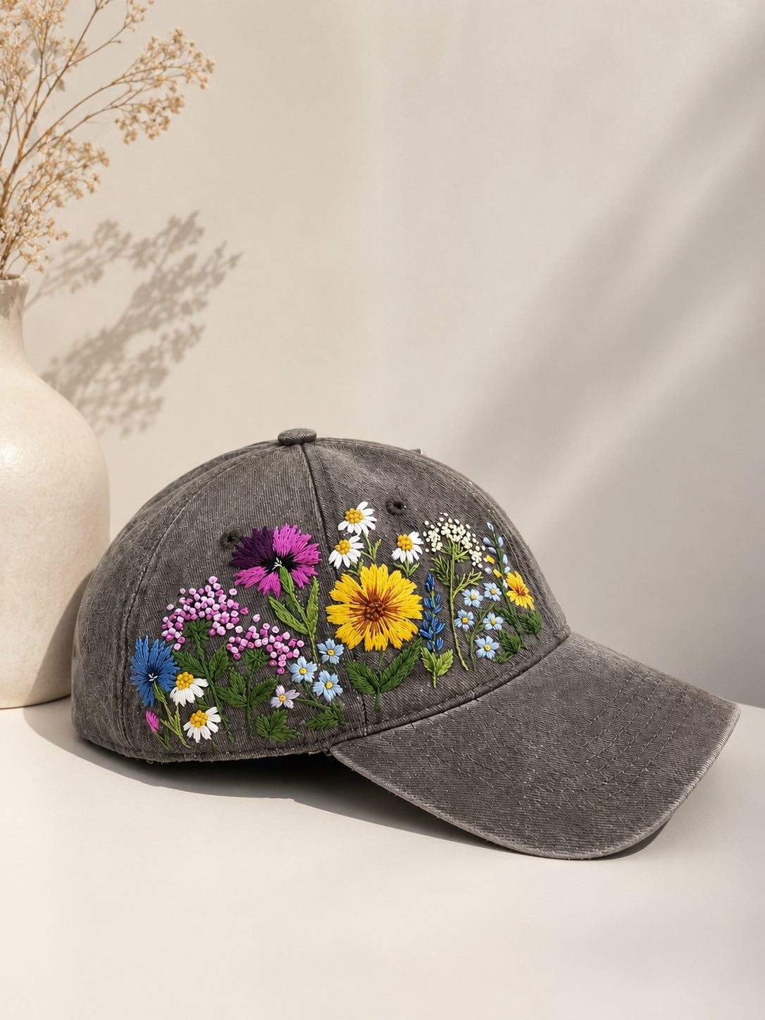 Custom Floral Hand-Embroidered Baseball Cap, Embroidered Cap, Flower Hand Embroidered Cap, Custom Hat Embroidery, Gift For Her EMH02