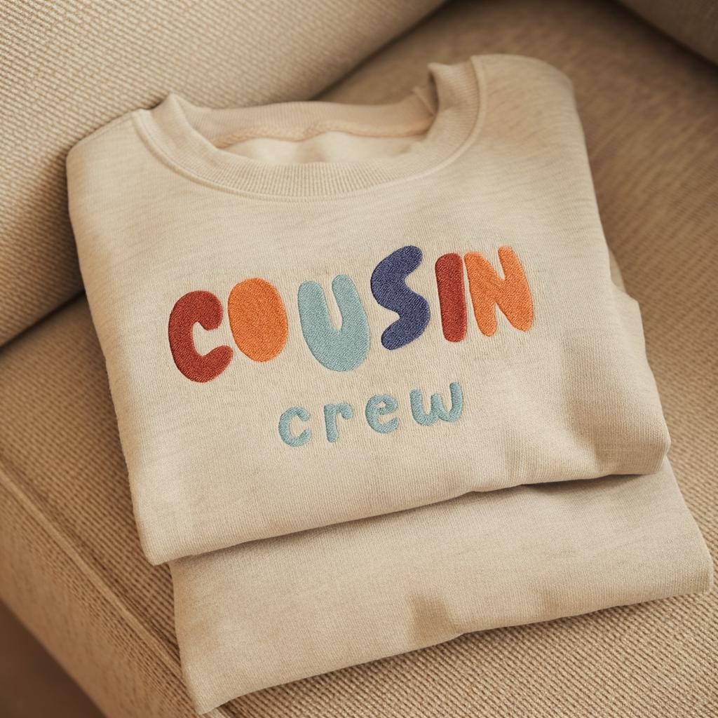 Embroidered Cousin Crew Sweatshirt, Kids Retro Embroidery Shirt, Matching Family Outfits, Personalized Toddler Baby Gift, Baby Shower Gift